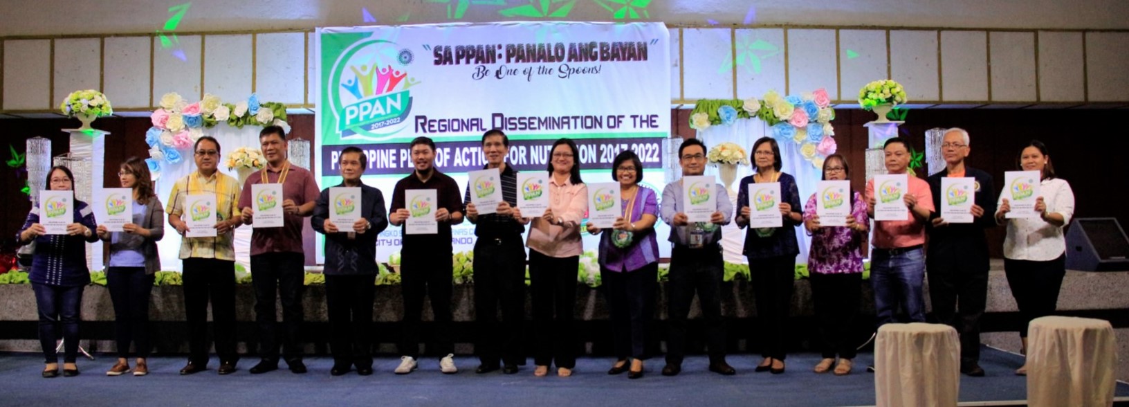 16 November 2017 (BSP Convention Hall, CSF, La Union) RDC Chair, Hon. Juan Carlo S. Medina, RNC Chair, Dir. Myrna C. Cabotaje and NNC-ROI NPC, Ms. Ma. Eileen Blanco together with the members of the RNC, present Local Chief Executives, legislatives, and concerned sectors post with the PPAN Documents during the Regional Dissemination of the PPAN 2017-2022 as a sign of commitment to support its implementation.
