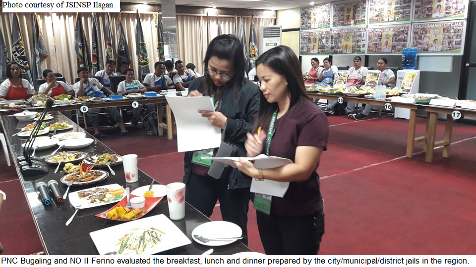 Provincial Nutrition Coordinator Bugaling and Nutrition Officer II Ferino of the National Nutrition Council-ROI evaluating the entries during the Regional Chef Olympics Competition organized by BJMP1 held on July 17, 2019 at BJMP1 Compound, Parian, San Fernando City, La Union.