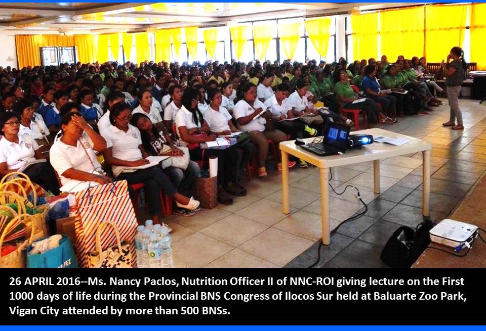 Ms. Nancy Paclos, Nutrition Officer II of NNC-ROI giving lecture on the First 1000 Days of life during the Provincial BNS Congress of Ilocos Sur held last April 26, 2016 at Baluarte Zoo Park, Vigan City.