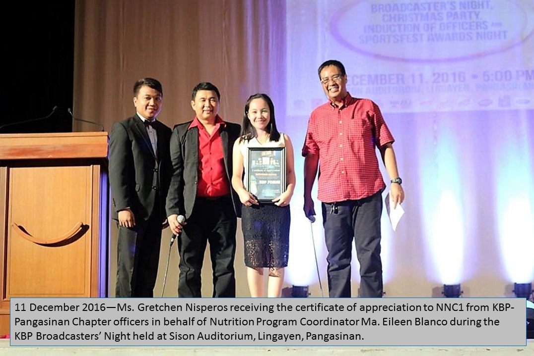 Lingayen, Pangasinan-- Ms. Gretchen Nisperos in behalf of NPC Blanco receiving the Certificate of Appreciation to NNC1 as active project partner from the officers of KBP Pangasinan during the KBP Broadcasters' Night and Christmas Party held at Sison Auditorium last December 11, 2016.