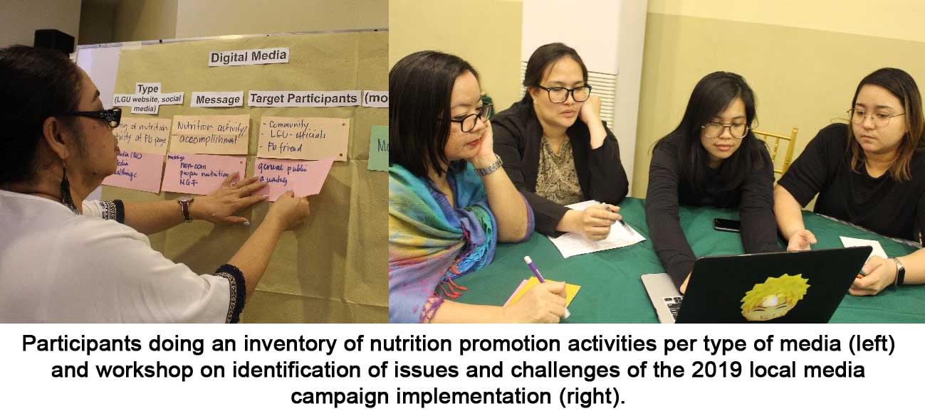 Participants doing an inventory of nutrition promotion activities per type of media (left) and workshop on identification of issues and challenges of the 2019 local media campaign implementation (right). 