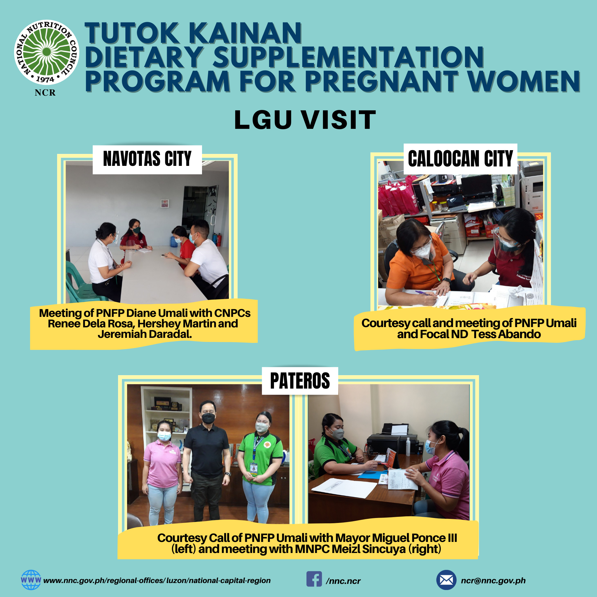 PNFP Umali visited Caloocan, Navotas and Pateros areas to assess their readiness in the implementation of the Phase 1 Tutok Kainan Dietary Supplementation Program for pregnant women