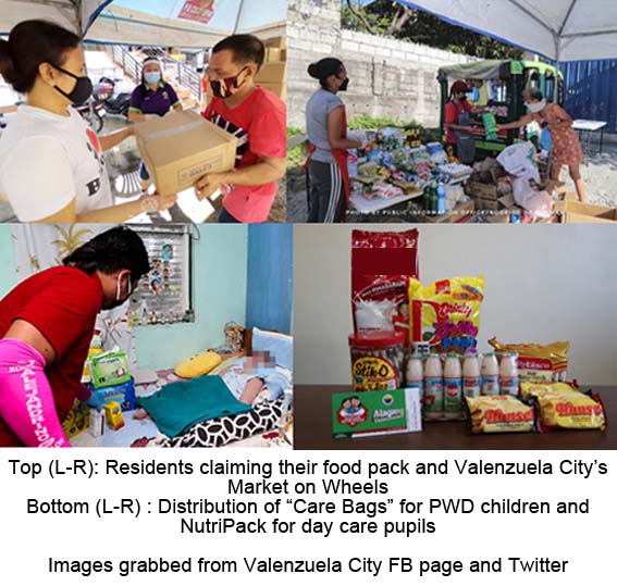 Top (L-R): Residents claiming their food pack and Valenzuela City’s Market on Wheels  Bottom (L-R) : Distribution of “Care Bags” for PWD children and NutriPack for day care pupils Images grabbed from Valenzuela City FB page and Twitter