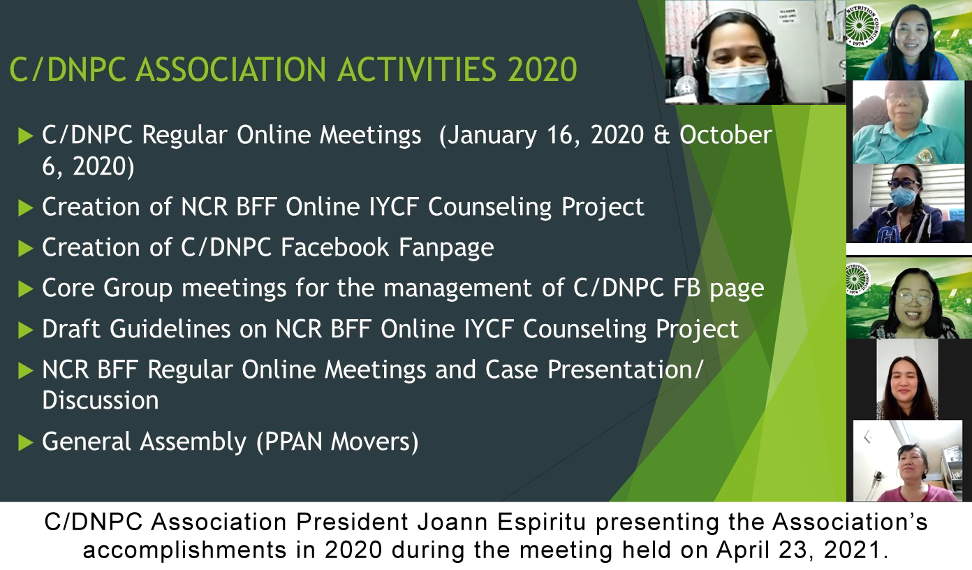 C/DNPC Association President Joann Espiritu presenting the Association’s accomplishments in 2020 during the meeting held on April 23, 2021