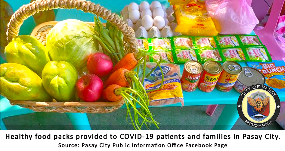 Healthy food packs provided to COVID-19 patients and families in Pasay City composed of vegetables and fruits.