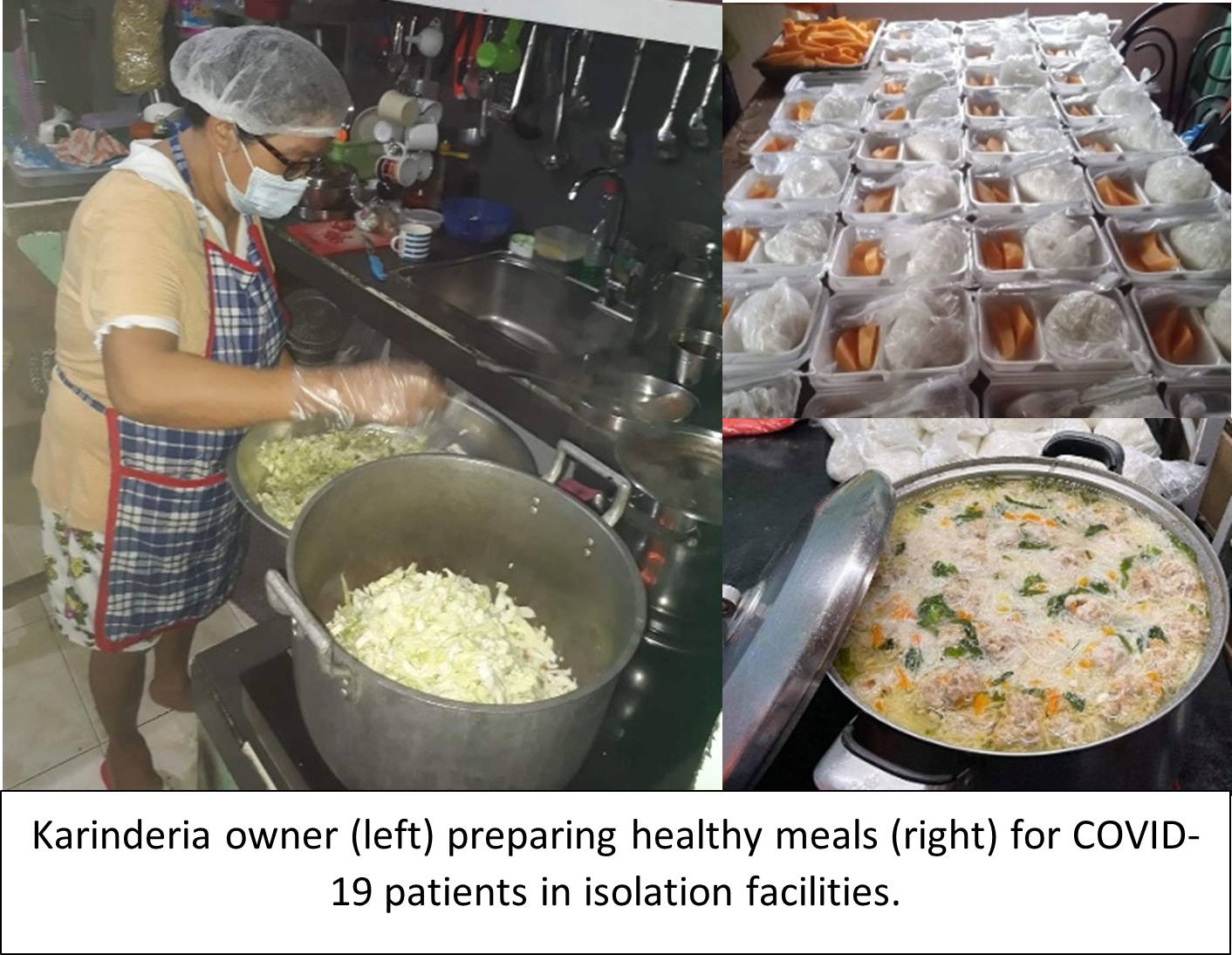 Karinderia owner (left) preparing healthy meals (right) for COVID-19 patients in isolation facilities.