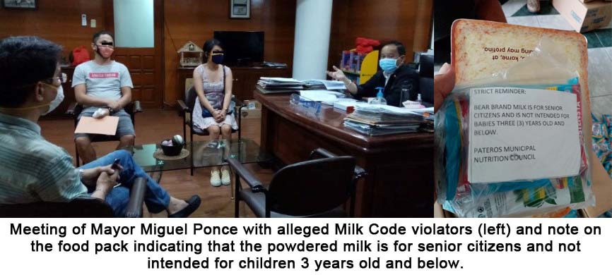 Meeting of Mayor Miguel Ponce with alleged Milk Code violators (left) and note on the food pack indicating that the powdered milk is for senior citizens and not intended for children 3 years old and below.