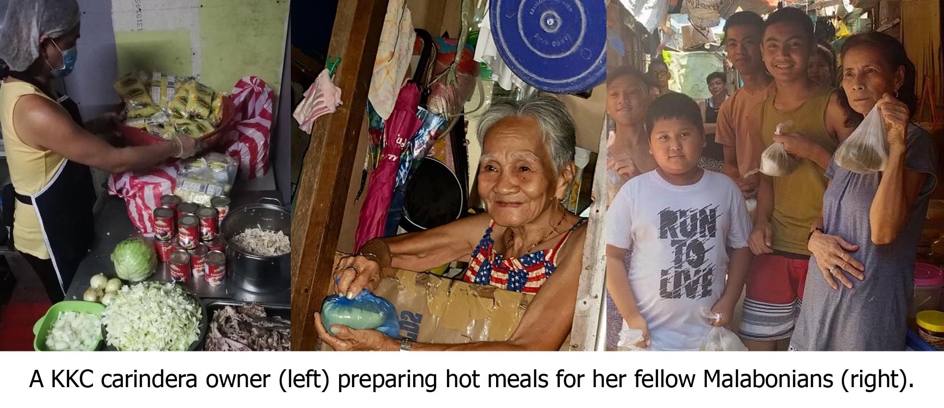 A KKC carindera owner (left) preparing hot meals for her fellow Malabonians (right).