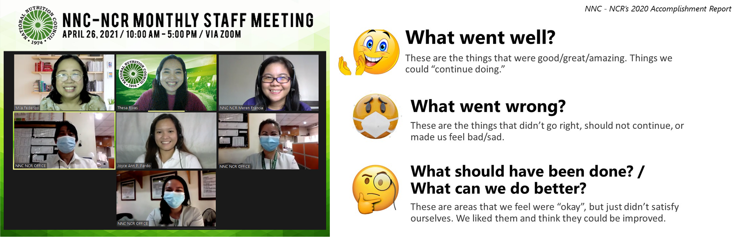 NNC NCR Staff Meeting for April 2021 with a mini workshop to analyze what went well and what went wrong in 2020 and what could be done by the team to improve their performance and accomplishments in 2021