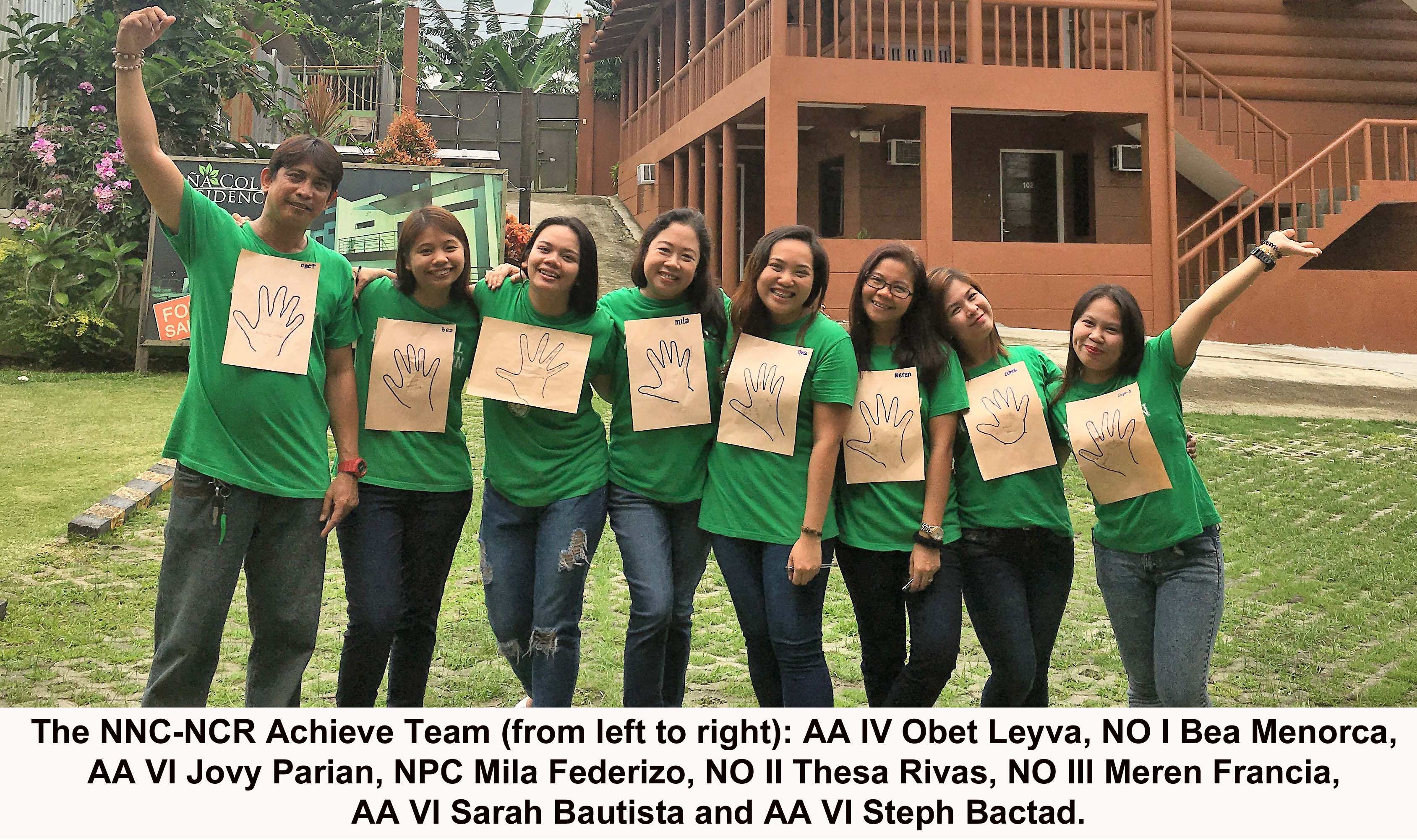 The NNC-NCR Achieve Team (from left to right): AA IV Obet Leyva, NO I Bea Menorca, AA VI Jovy Parian, NPC Mila Federizo, NO II Thesa Rivas, NO III Meren Francia, AA VI Sarah Bautista and AA VI Steph Bactad.
