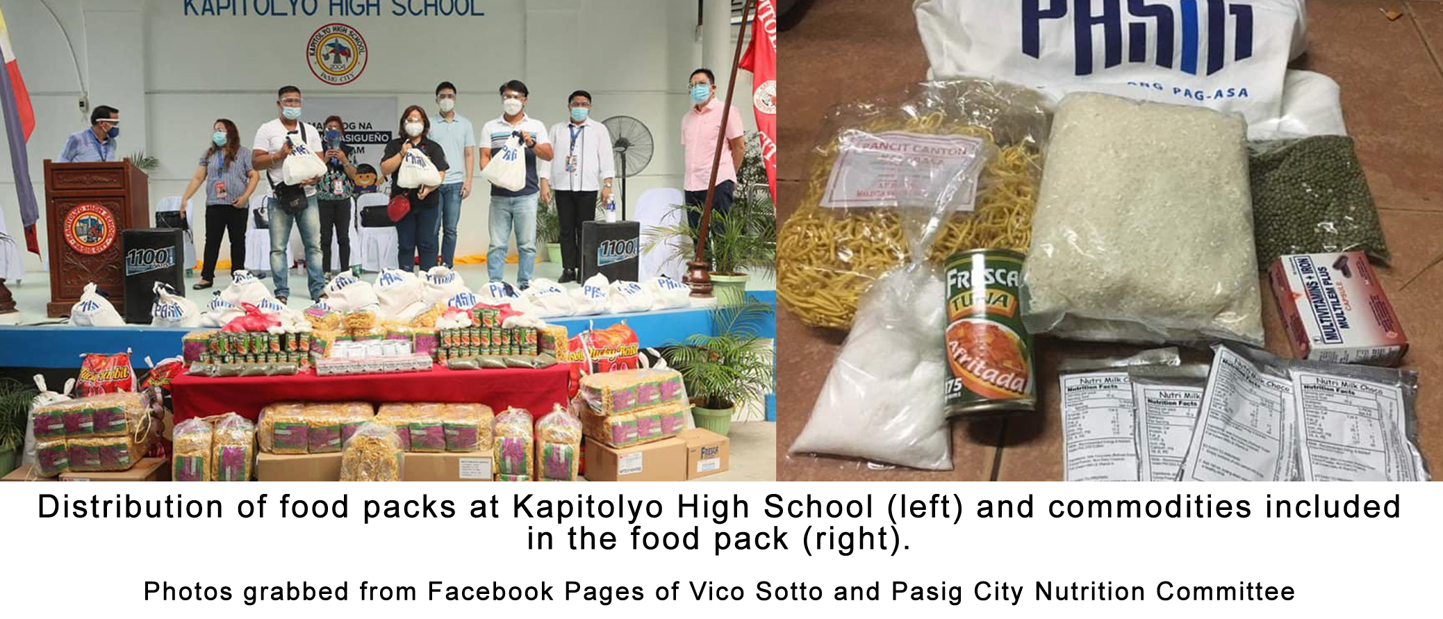 Distribution of food packs at Kapitolyo High School (left) and  commodities included in the food pack (right)