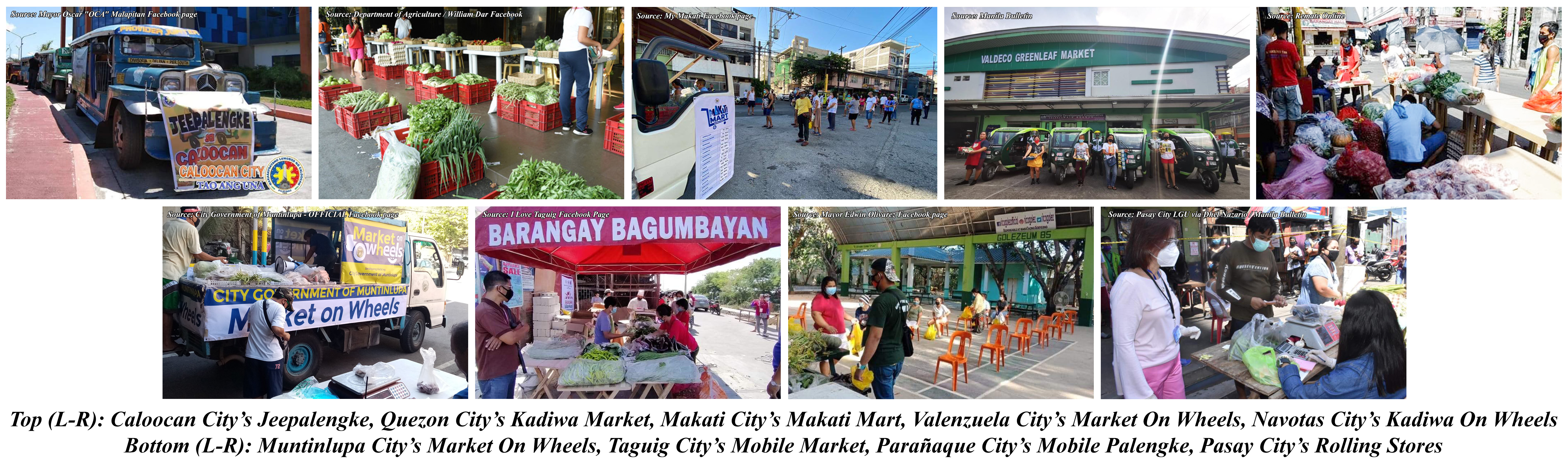 Top (L-R): Caloocan City’s Jeepalengke, Quezon City’s Kadiwa Market, Makati City’s Makati Mart, Valenzuela City’s Market on Wheels, Navotas City’s Kadiwa on Wheels and Bottom (L-R) Muntinlupa City’s Market on Wheels, Taguig City’s Mobile Market, Parańaque City’s Mobile Palengke and Pasay City’s Rolling Stores