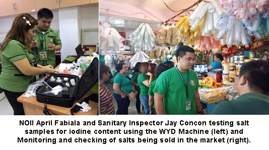 NOII April Fabiala and Sanitary Inspector Jay Concon testing salt samples for iodine content using the WYD Machine (left) and Monitoring and checking of salts being sold in the market (right).