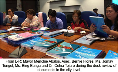 From left to right: Mayor Menchie Abalos, Asec. Bernie Flores, Ms. Jomay Tongol, Ms. Bing Banga and Dr. Celna Tejare during the desk review of documents in the city level.