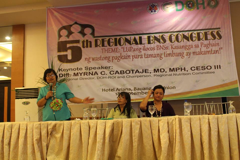 Regional Director of DOH-ROI and Chairperson of the Regional Nutrition Committee Myrna C. Cabotaje delivering her message during the 5th Regional BNS Congress held at Hotel Ariana, Bauang, La Union on September 18, 2015.