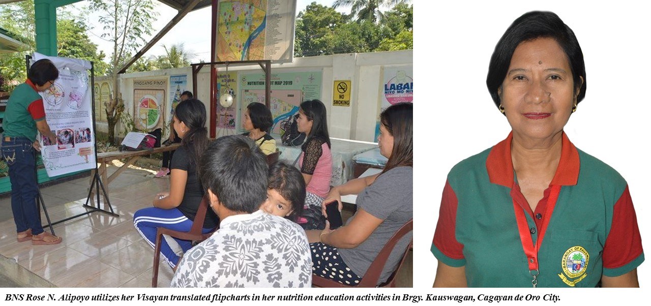 BNS Rose N. Alipoyo utilizes her Visayan translated flipcharts in her nutrition education activities in Brgy. Kauswagan, Cagayan de Oro City.